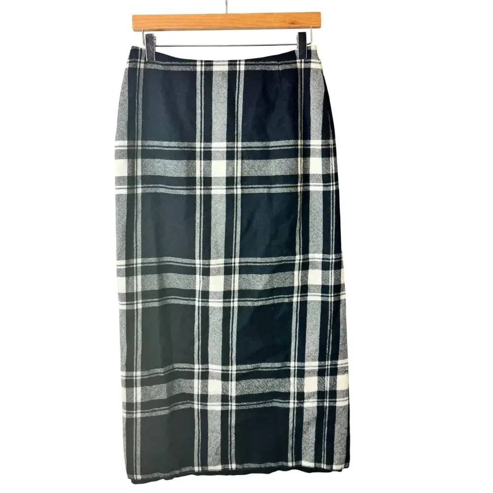 Casual Corner Skirt Women's Wool Maxi Plaid Black Dark Academia Preppy Pencil